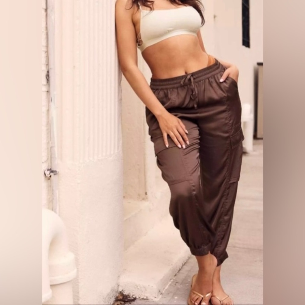 Aerie Satin Cargo Joggers (Chocolate)